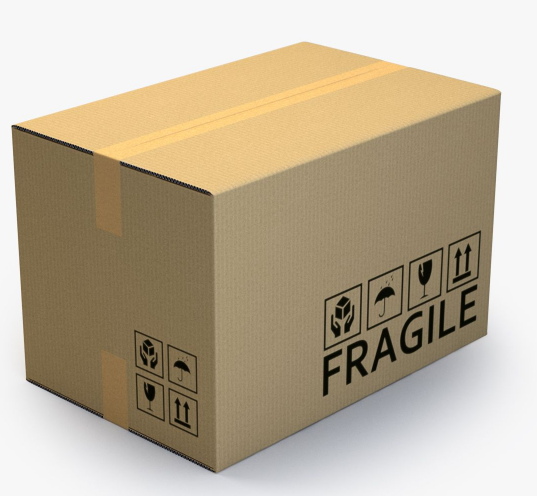 Kraft corrugated shipping box with a taped top seam and fragile handling symbols