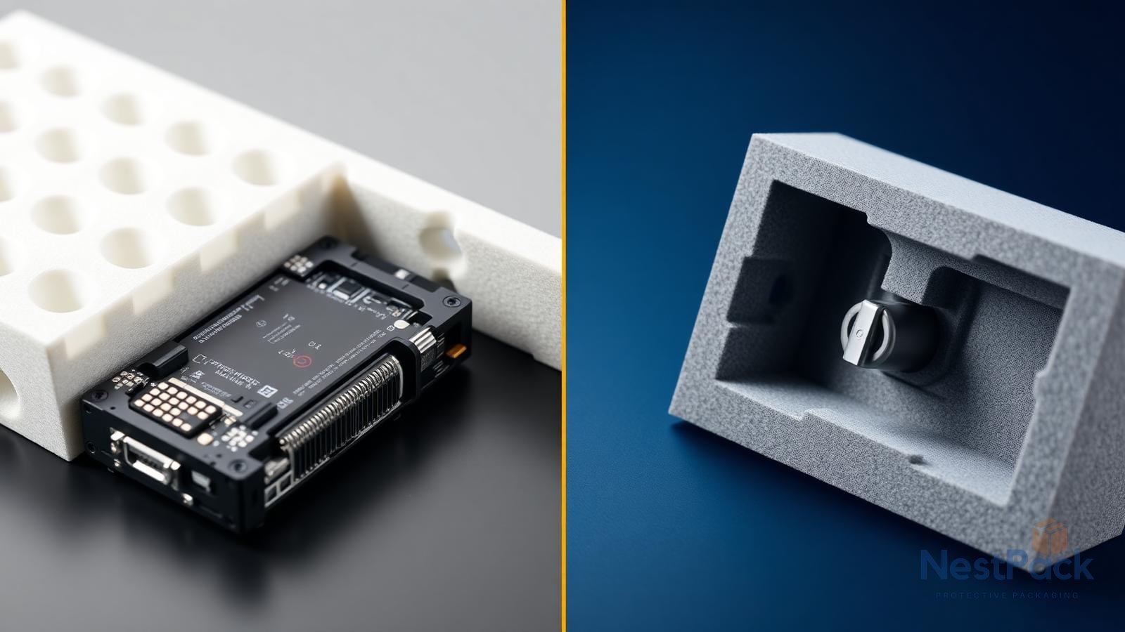 EPE foam and XLPE foam side by side — protecting an electronic component and a precision instrument in custom CNC-cut cavities