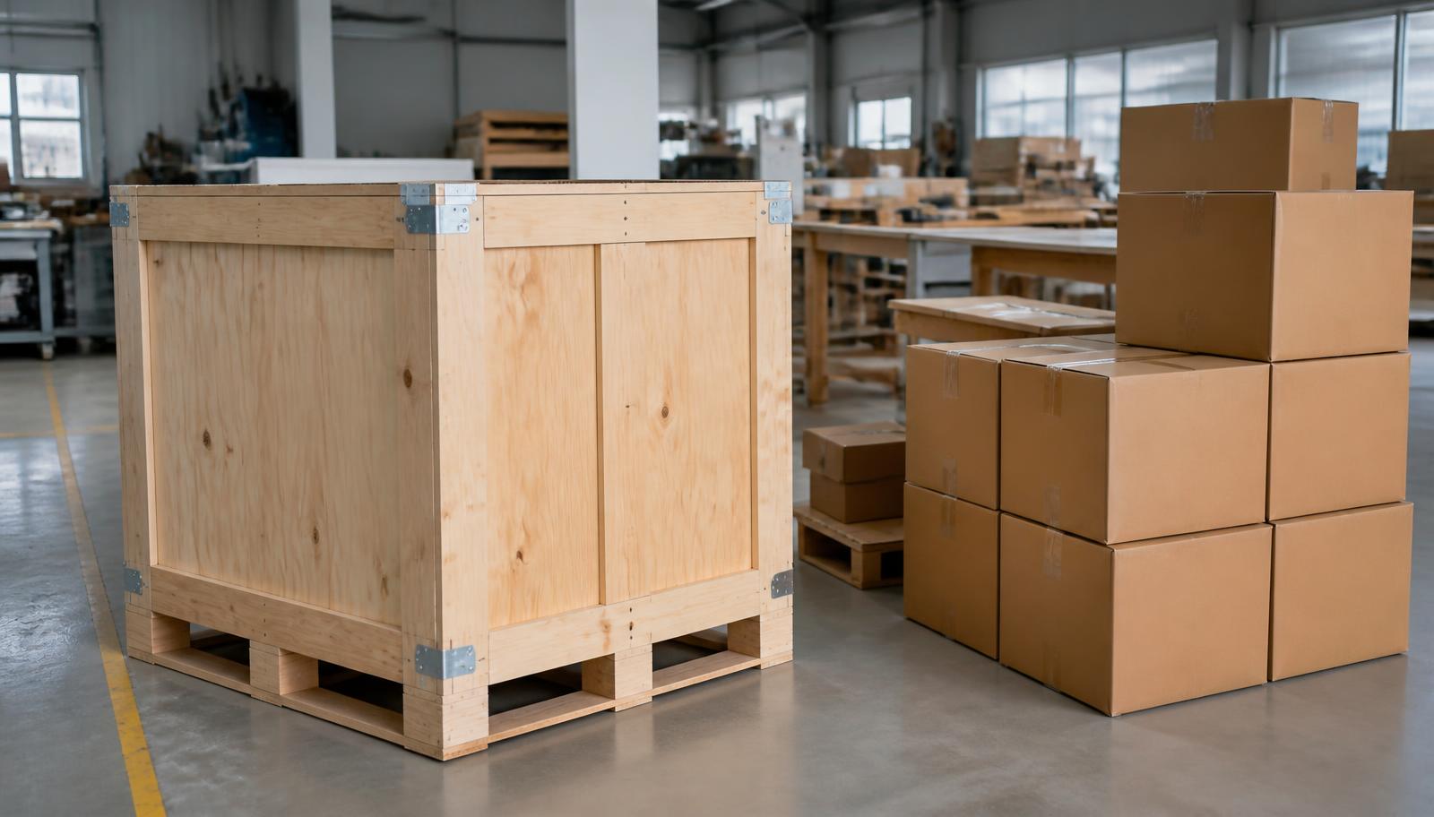 Custom plywood box and stacked 5 ply corrugated boxes for industrial packaging in a Bengaluru packaging workshop
