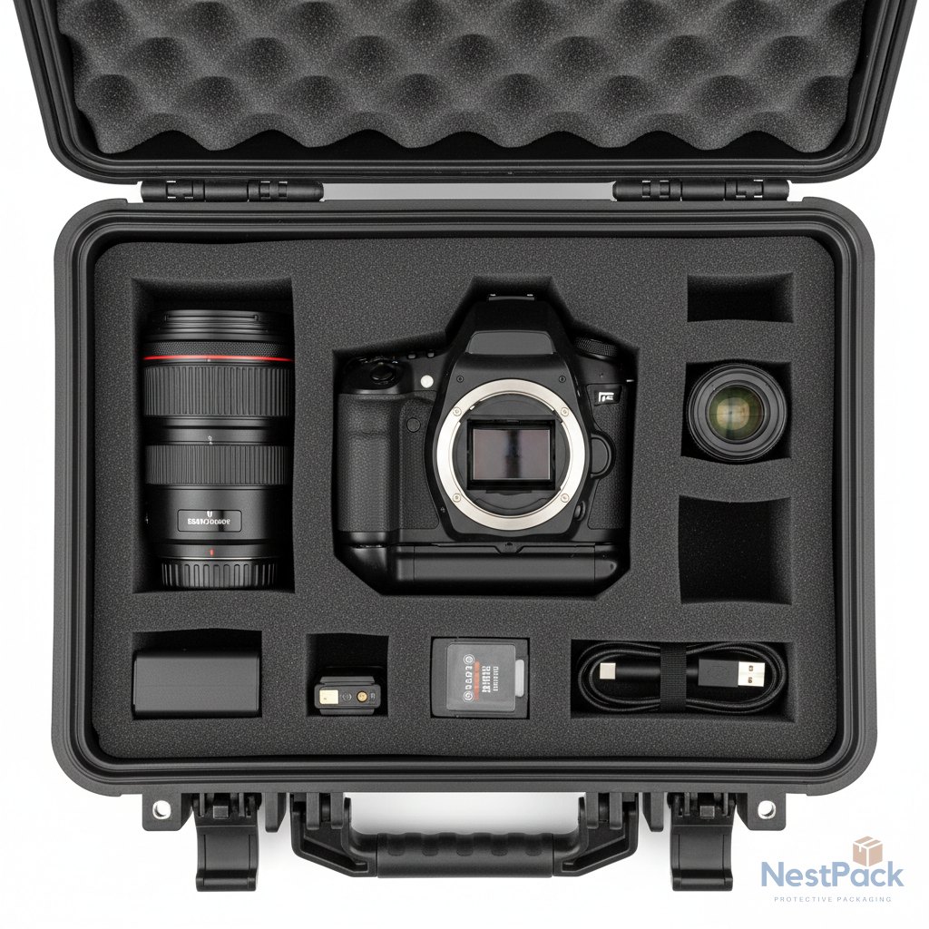 CNC-milled XLPE foam insert with precise pockets for a camera and lenses