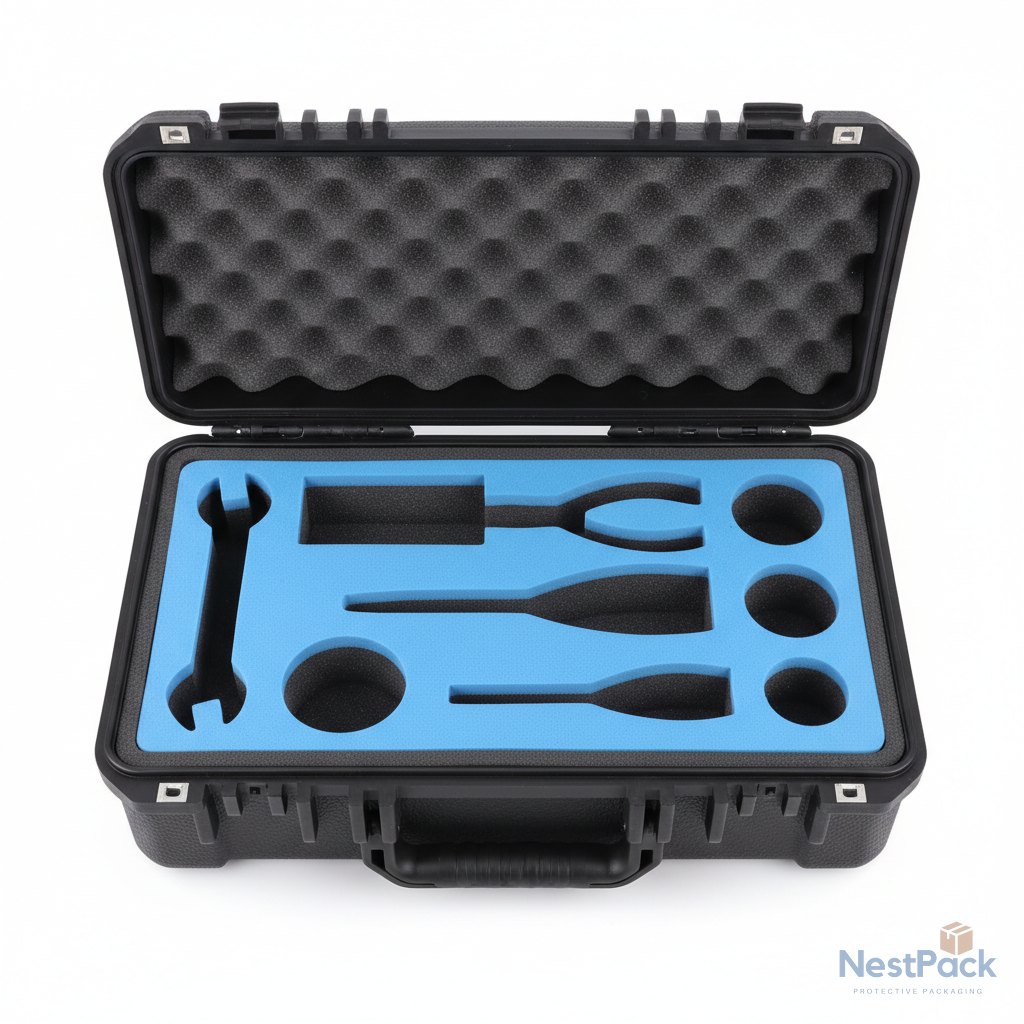 Black EPE foam layered inside a rugged case for premium export packaging