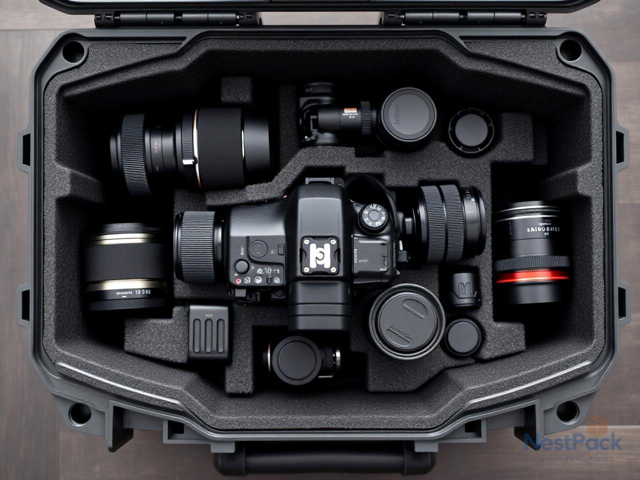 DSLR camera kit with lenses in EVA foam insert