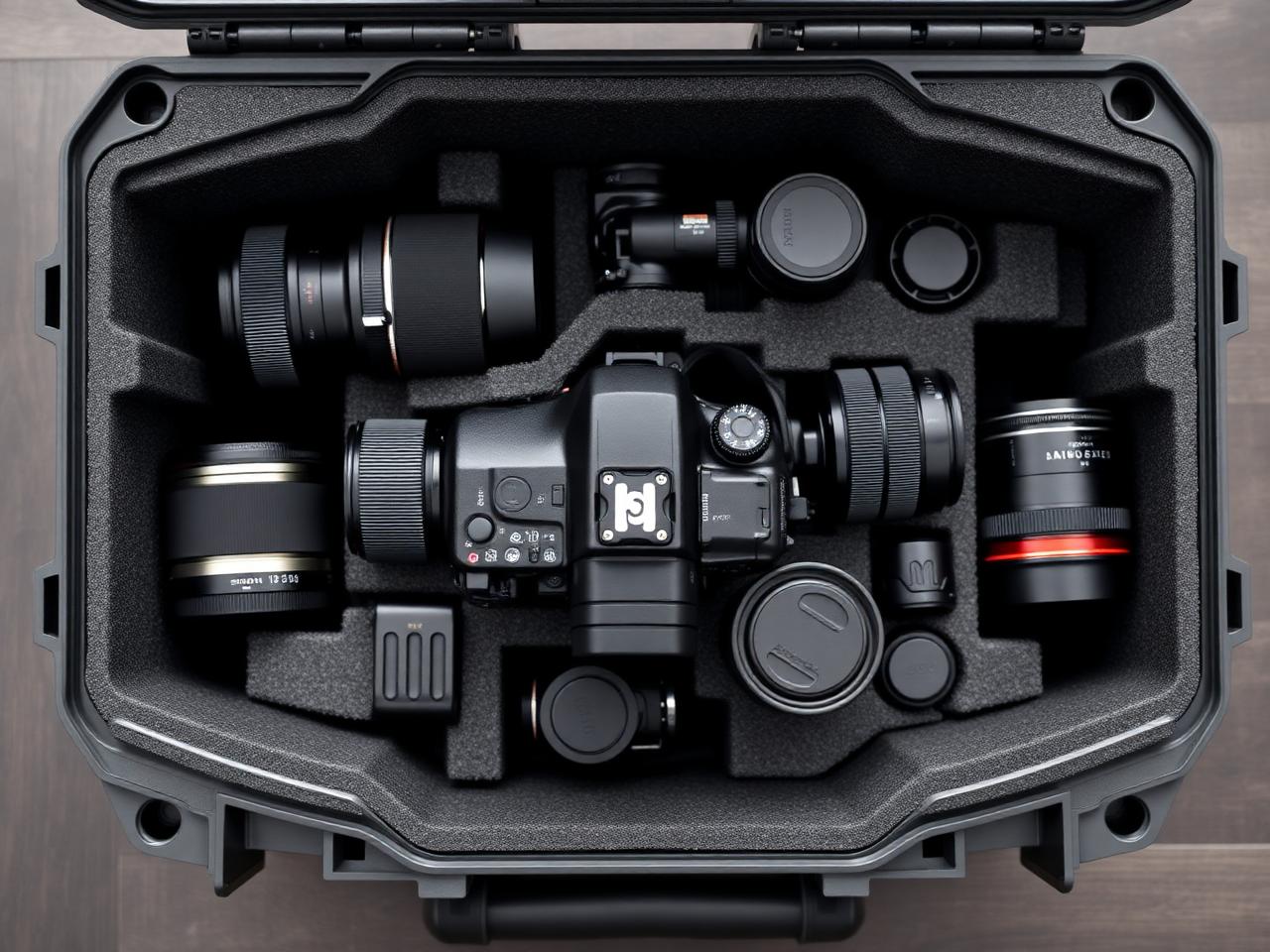 DSLR camera kit with lenses in EVA foam insert