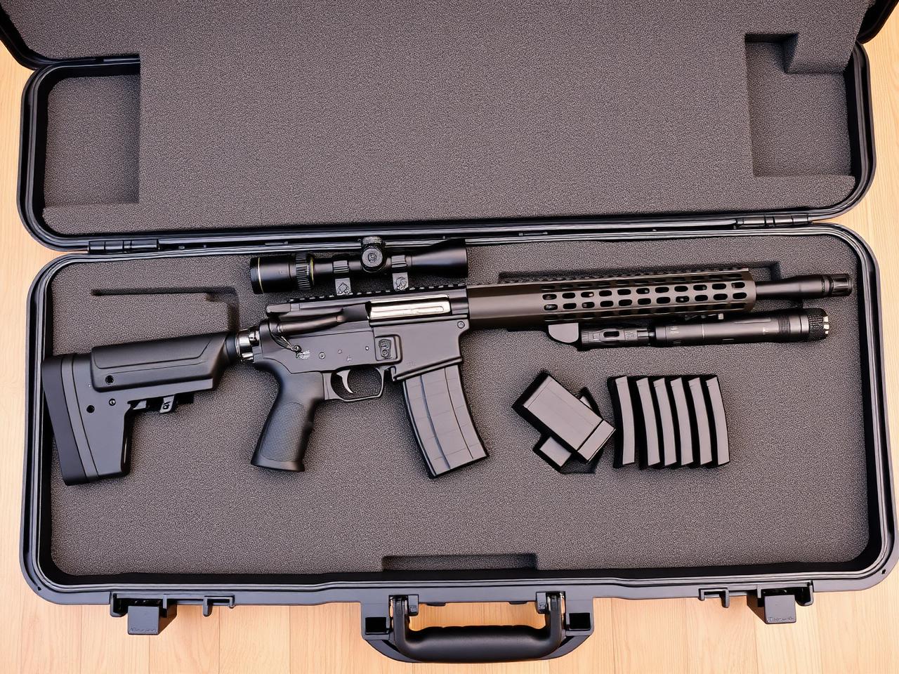 Rifle with scope in custom EVA foam hard case