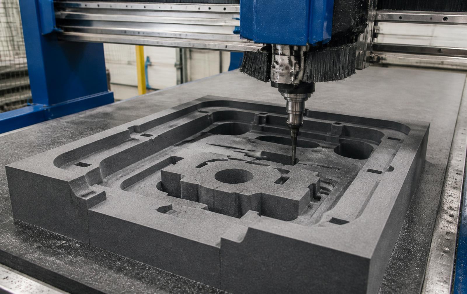 CNC machine milling precision cavities into an XLPE foam block